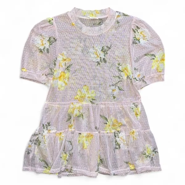Meraki Mesh Tiered Tunic Top Women’s M Blush Pink Floral Puff Sleeve Cottagecore - Image 7