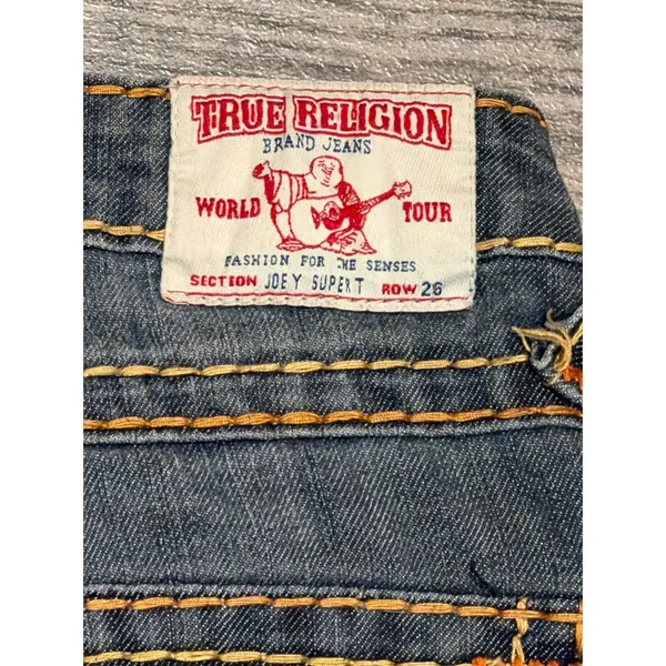 True Religion Joey Super T Straight Leg Jeans Orange‎ Yellow Stitch BLING Y2K 26 - Image 3