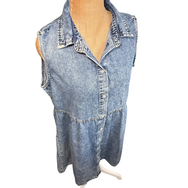 Vintage Acid Wash Denim‎ Dress Sleeveless Button Down 90s Medium - Image 3