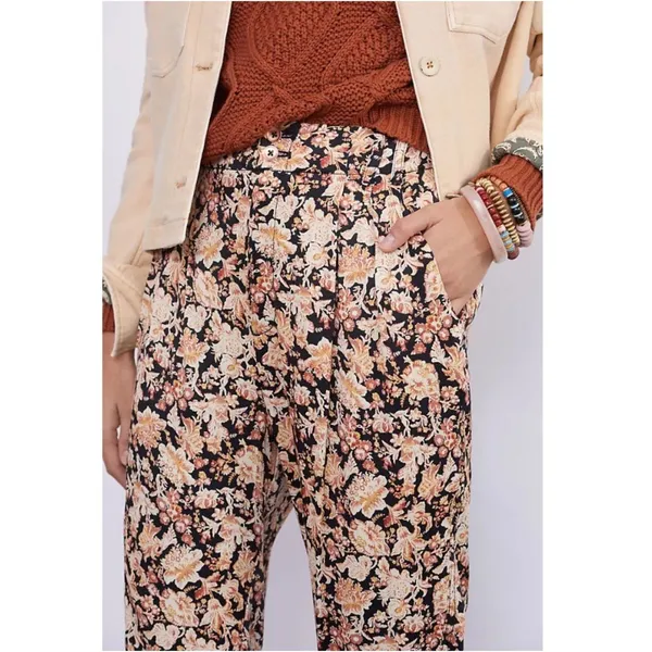 Anthropologie Floral Tapered Pants Womens 4 Black Orange Ankle Zip Boho Casual - Image 4