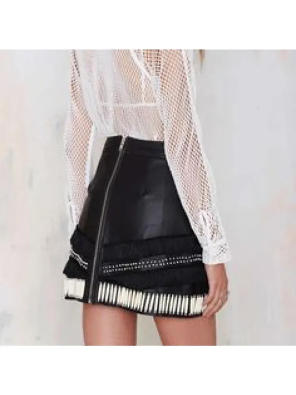 Nasty Gal Easy Rider Black Leather Embellished Fringe Mini Skirt XS - Image 2