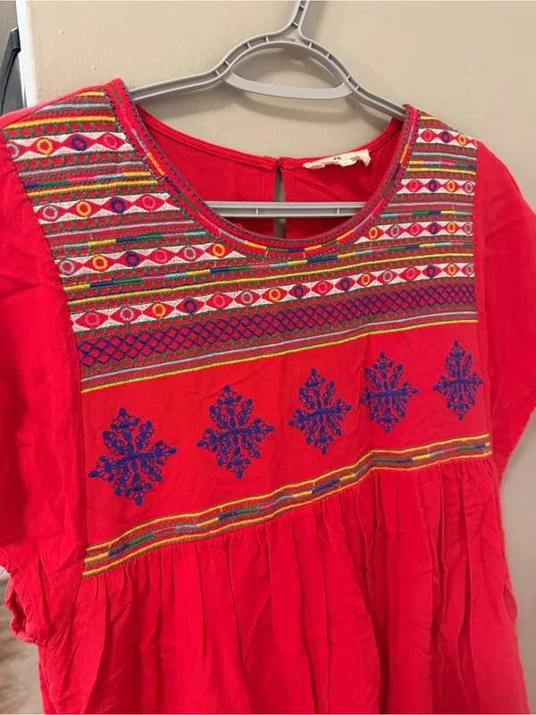 Entro Red Boho Embroidered Peasant Tunic Dress – Size Small - Image 3
