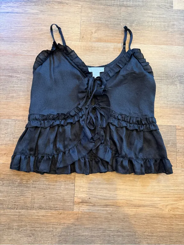 House of Harlow 1960 Black Ruffled Tie-Front Coquette Camisole S - Image 3