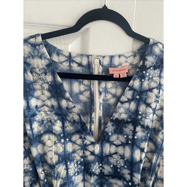 Not So Serious Tie Dye Tiered Mini Dress Womens Size 2X‎ Blue Boho Sequin Cotton - Image 2