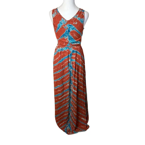 YFB Young Fabulous & Broke Sleeveless Rust‎ Orange & Blue Maxi Dress Med Tie Dye - Image 6