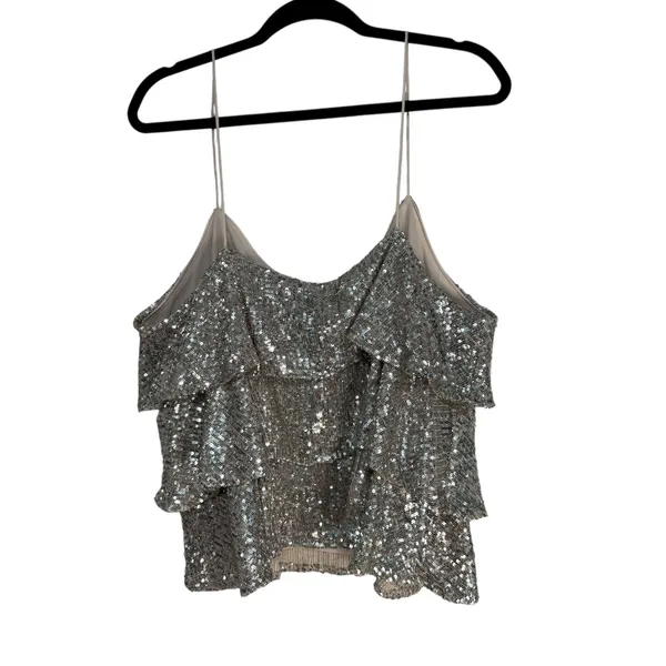 Express Silver Sequin Tiered Camisole V-Neck Spaghetti Strap Tank Top XL 02496 - Image 10