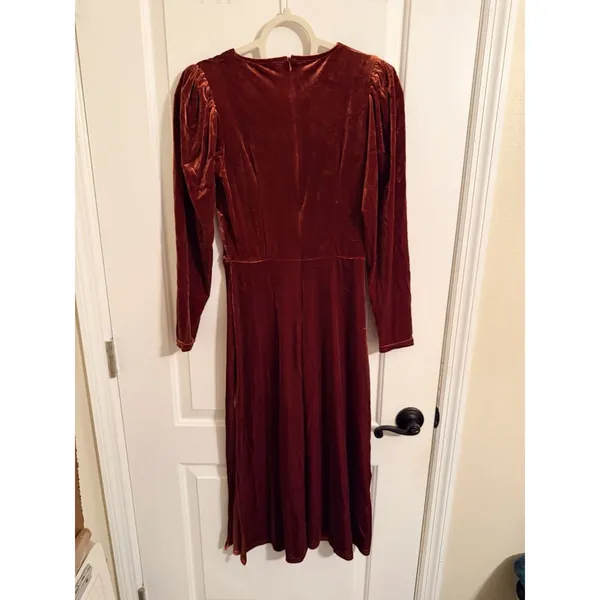 Closet London Rust Velvet Midi Dress‎ Long Sleeve Faux Wrap Size 8 - Image 4