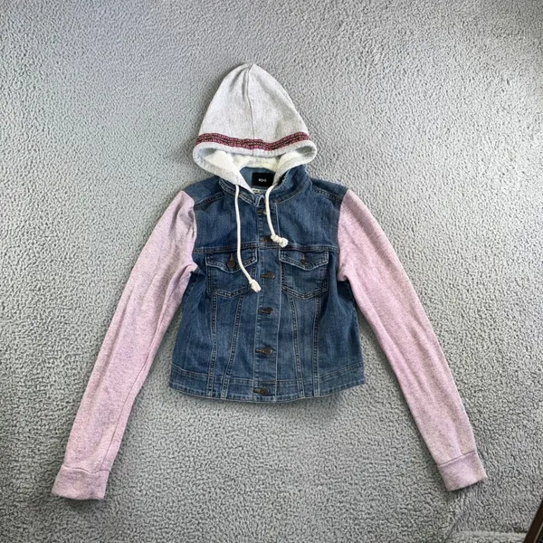 BDG Urban Outfitters Denim‎ Jacket Women Medium Hooded Mixed Media Pink Sleeves - Image 2