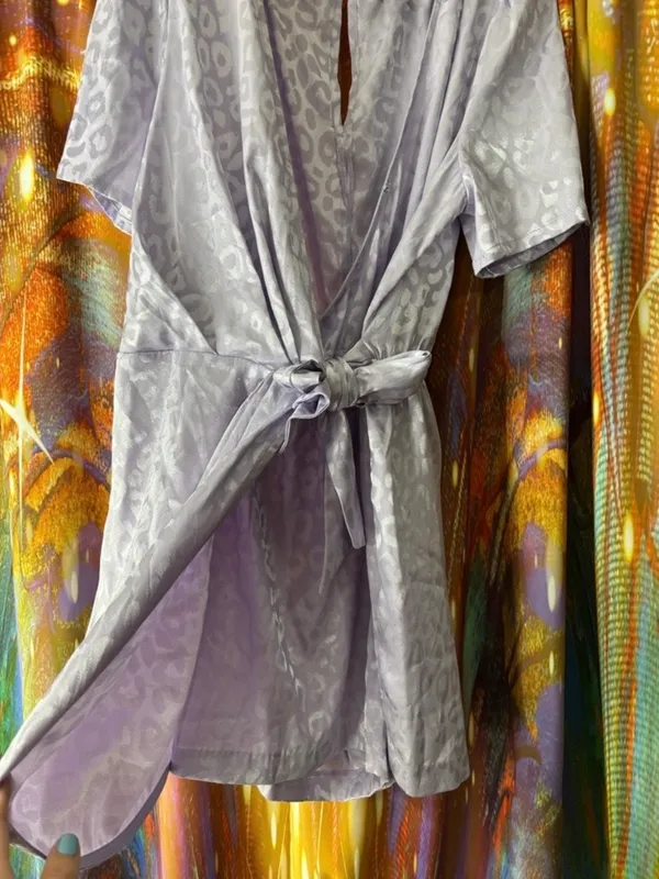 Entro Women’s Satin Leopard Print Romper L Lavender V-Neck Belted Tie Waist - Image 2