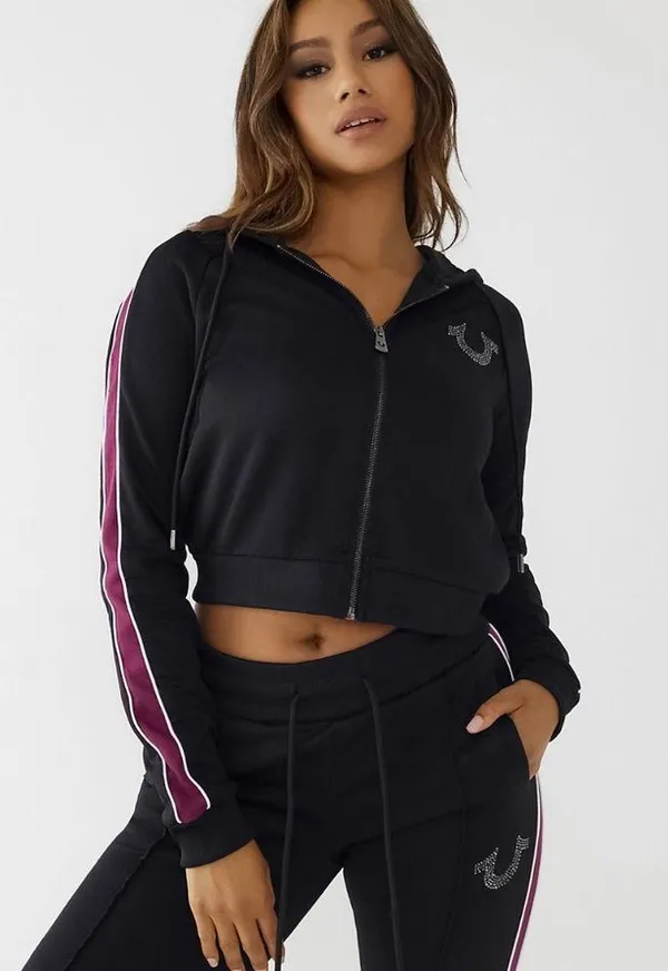 NWT True Religion Crystal Zip Hoodie Size S Black & Maroon - Image 10