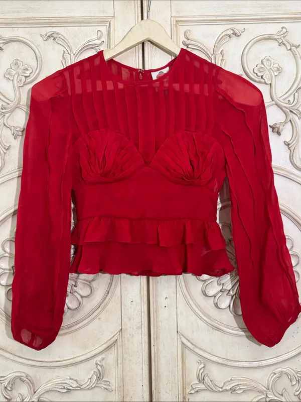 FARM Rio Red Ruffled Sheer Long-Sleeve Peplum Blouse Size Small - Image 3