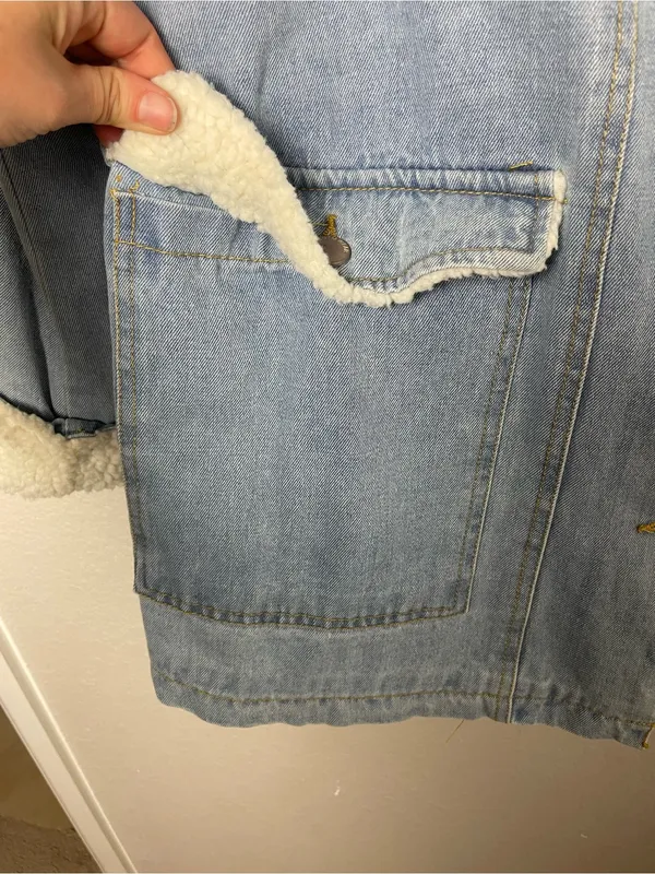 Ashley Vintage Charm HEAVY Sherpa-Lined Light Blue Denim Jacket Size L - Image 4