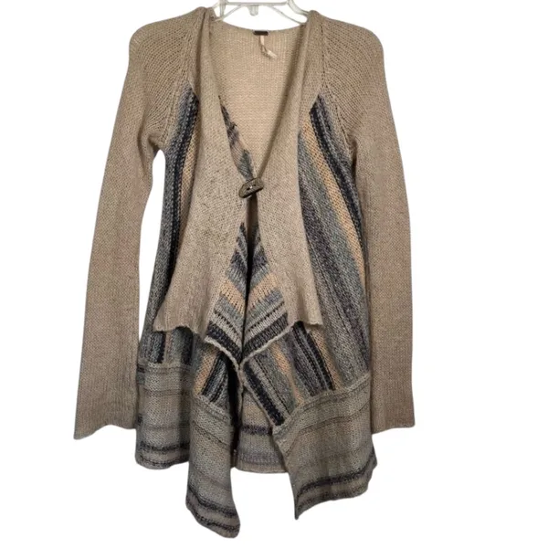 Free People Sz S Cardigan Toggle Closure Wool Blend Tan Blue Metallic - Image 2