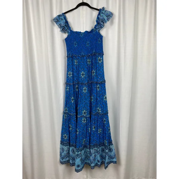 Love The Label Blue Floral Gaya Flutter Sleeve Cotton Tiered Maxi Dress Sz.M - Image 8