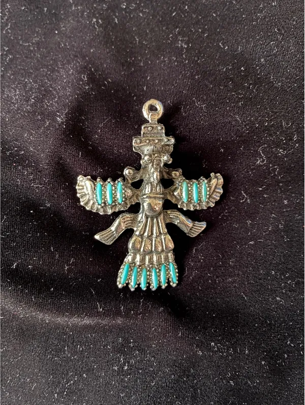 Vintage Southwestern Silver-Tone Thunderbird Kachina Pendant with Faux Turquoise - Image 4