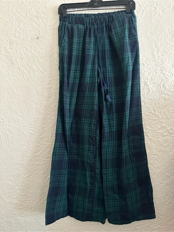 Edikted Lounge Around Plaid Wide Leg Pants Navy Blue Green Small - Image 6