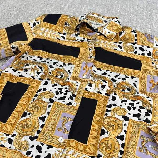 VTG 80s 90s Paolo Santini 100% silk blouse Dalmatian cherub print black white - Image 2