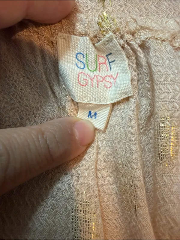 Surf Gypsy Halter Maxi Dress Size M Boho Gold Shimmer Backless Tassel - Image 9
