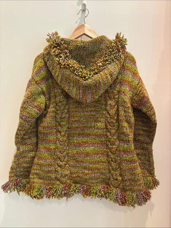 Native Knit Zip Cardigan 100% Wool Handmade Colorful Fringe Size Large - Image 3