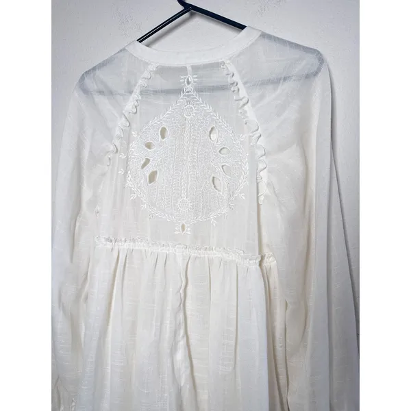 Free People Ivory Button Up High Low Tunic Embroidered Cutout Back M - Image 9