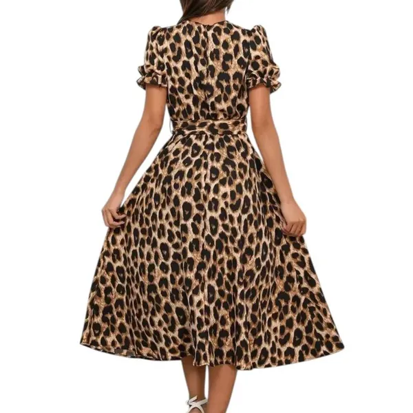 Leopard Lace-up Round Neck Puff A-line Dress - Image 2