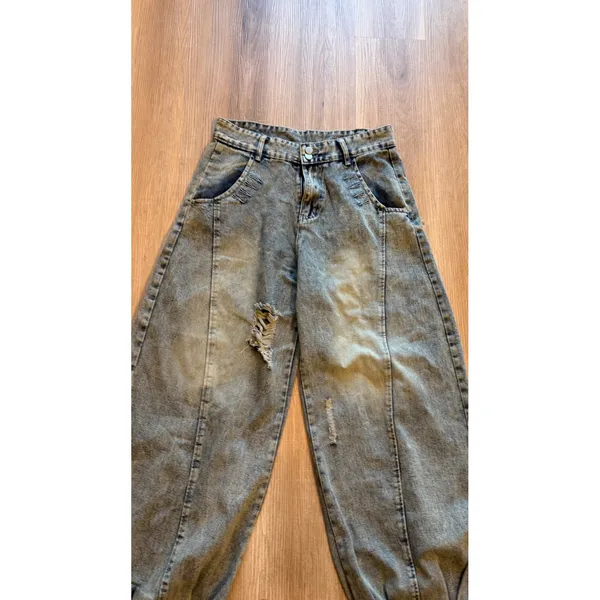 Acid Wash Wide Leg Barrel Jeans Distressed Balloon Denim Light Blue Streetwear - Image 2