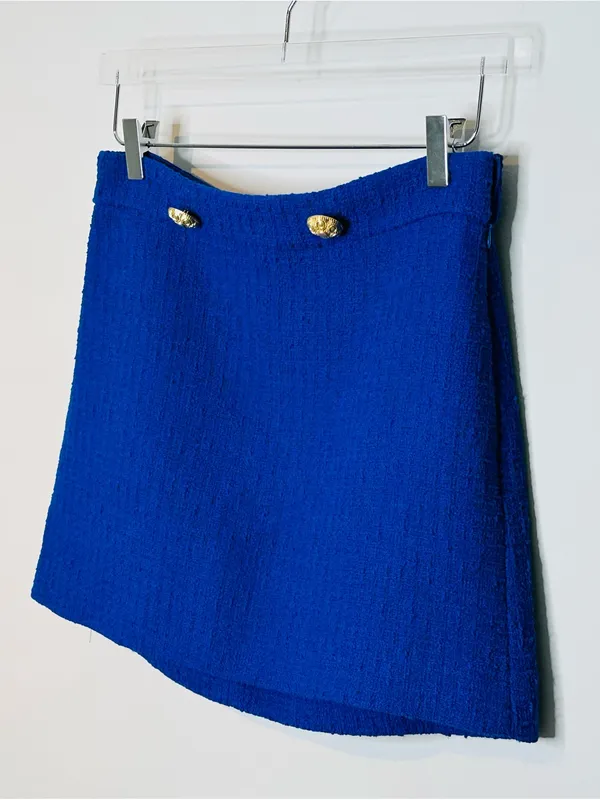 Zara Sapphire Blue Tweed Mini Skirt with Gold Buttons - Image 7