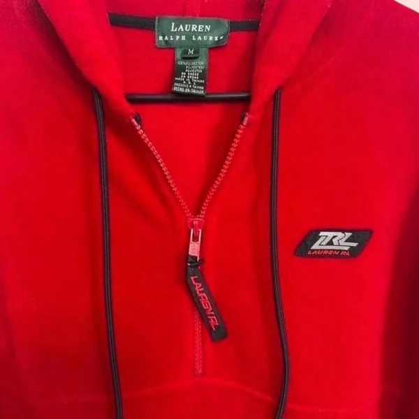 Women’s Y2K Lauren Ralph Lauren 1/4 Zip Fleece Hoodie Red Medium - Image 2