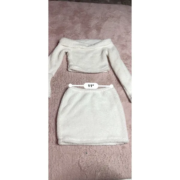 Hot 2Pcs Women Plush‎ Faux Fur Tops Short Warm Blouse Skirt Suit Size M Bin12 - Image 7