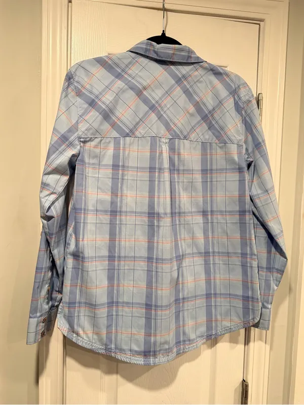 L.L. Bean Size S Blue Plaid Lightweight Button Up Hiking Camp Fish Outdoor Shirt - Image 9