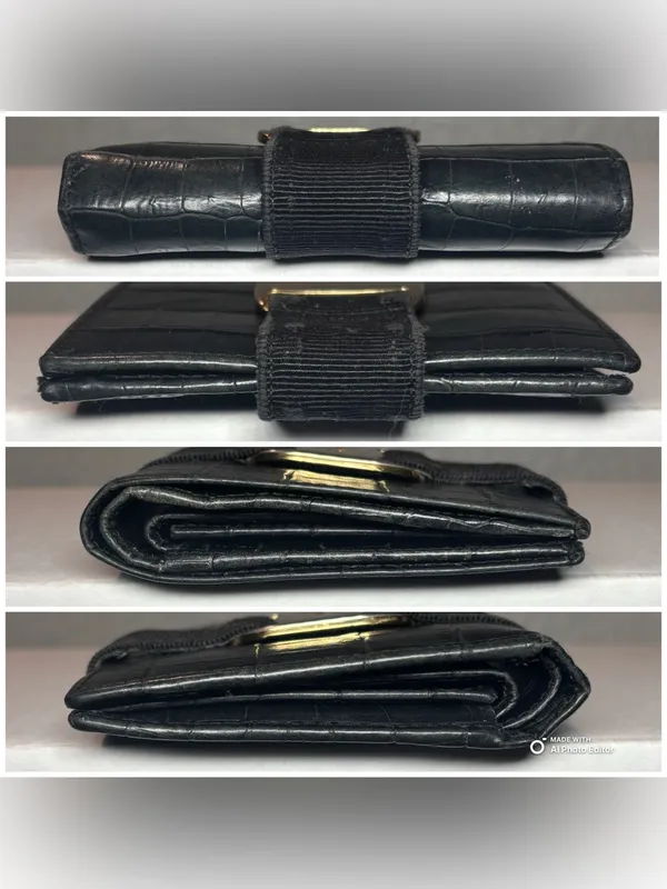 Ferragamo Vintage Vara Bow Wallet Croc Embossed Black Leather Compact Bifold - Image 12