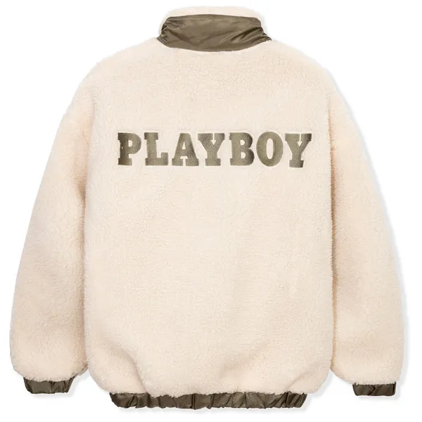 Playboy x Missguided Jacket Bomber Fleece Bunny Logo Ivory Olive Women’s Size 4 - Image 2