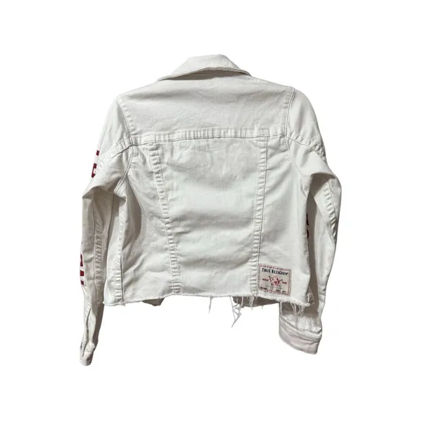 True Religion Fashion trucker with‎ Red Logo on Sleeves Sz XS White Jean Jacket - Image 2
