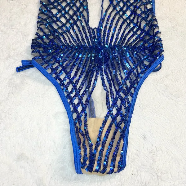 Brazilian Blue Sequin Sheer Plunge One-Piece Thong Side Tie Swimwear Size Small - Image 6