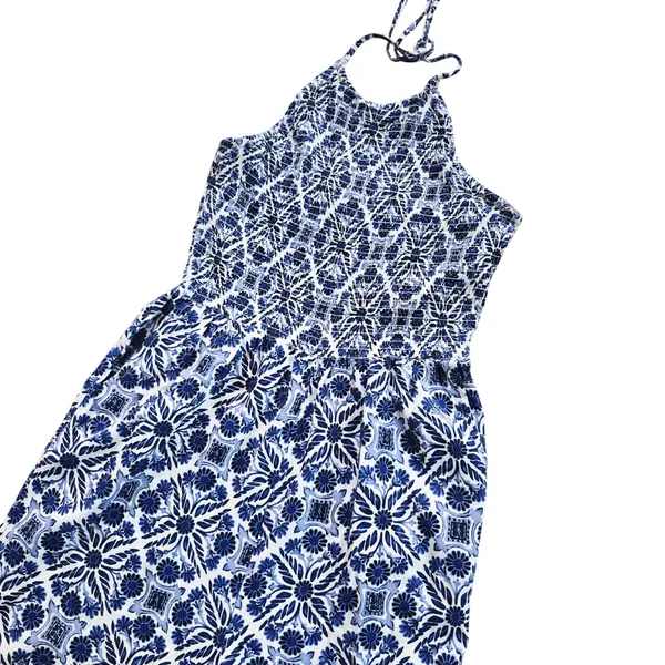Patrons of Peace 41G Blue White Tile Print Halter Smocked‎ Wide Leg Jumpsuit S - Image 7