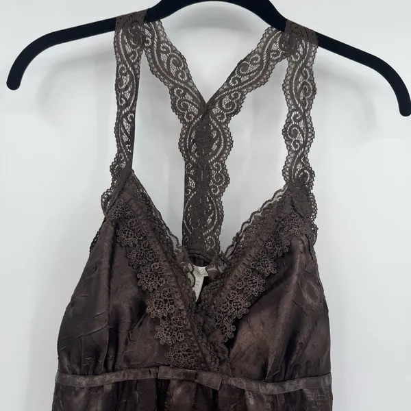 Vintage Y2K Satin Lace Babydoll Top Sz M Brown Coquette Lace Trim Fairy Romantic - Image 3