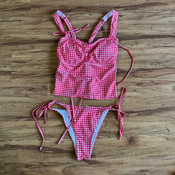 Zaful‎ Red Gingham Tankini Set Tie Shoulder Lace Up Back Swimsuit US 8 New - Image 8