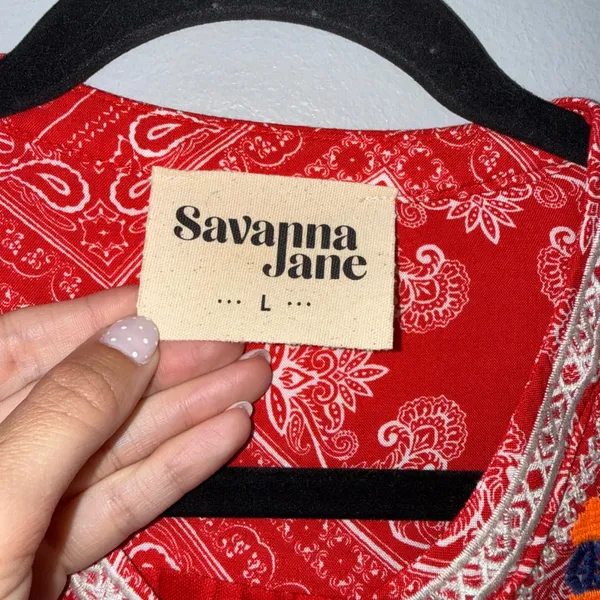Savanna Jane Embroidered Bandana Print Dress Womens L Red Excellent Boho Tunic - Image 3