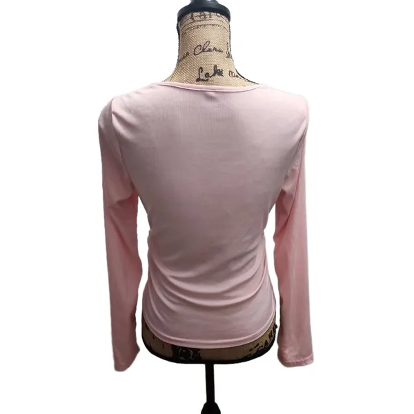 Henley Shirt Womens Size XL Light Pink Ribbed Knit‎ Lace Trim Casual Chic Soft - Image 6