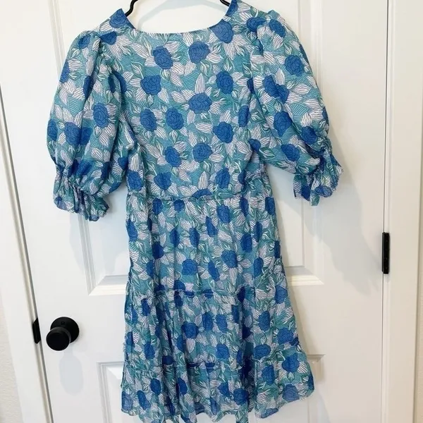 Saylor Womens Tiered Mini Dress Small Milkmaid Cottage Romantic Puff Sleeve Blue - Image 4