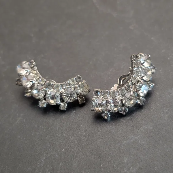 Vintage Clip On Earrings Large Curved Silver Tone & Clear Gems - Statement Glam - Image 5