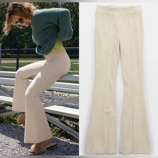 Aerie Groove-On Rib Velour Flare Pants‎ in Soft Oat - Image 2