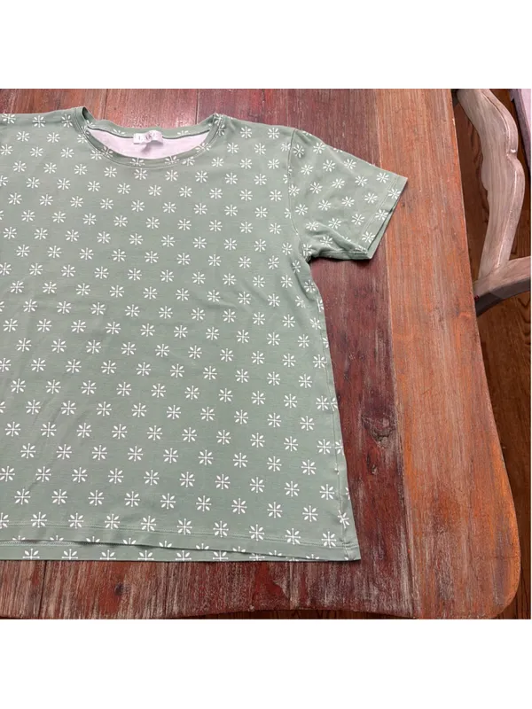 LAKE Pajamas Green White Geometric Leaf Short Sleeve Loungewear Pima Cotton L - Image 4