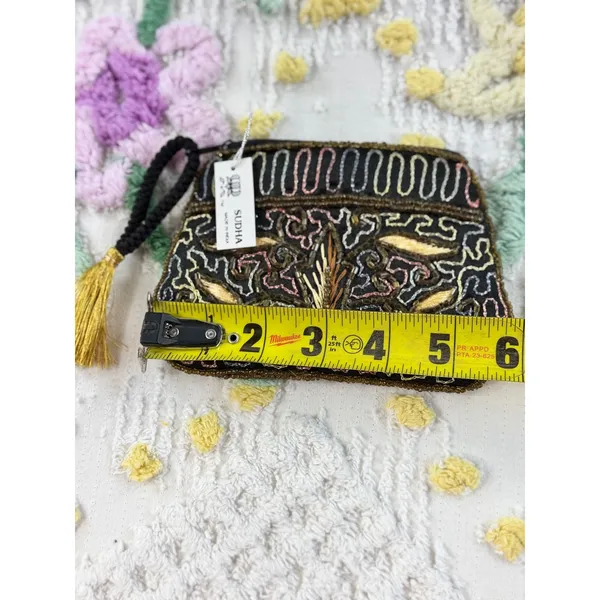 Sudha Beaded Coin Purse Black Gold Floral Embroidered Tassel Wristlet Pouch NWT‎ - Image 3