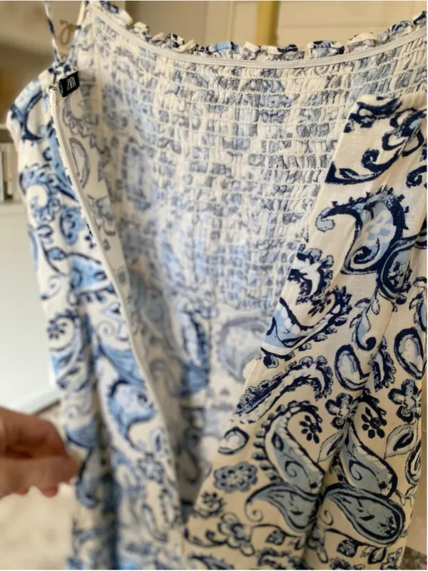 Zara Paisley Linen Smocked Boho Maxi Dress XS Coastal Nautical Breezy Italy Chic - Image 7