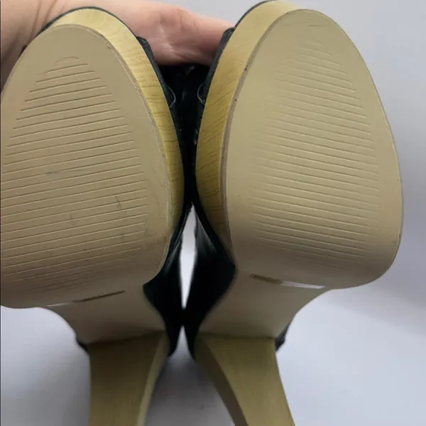 NWOT Jacobies Linda Black Peep Toe Platform Heels Wood Heel Bow Pumps Size 9 - Image 7