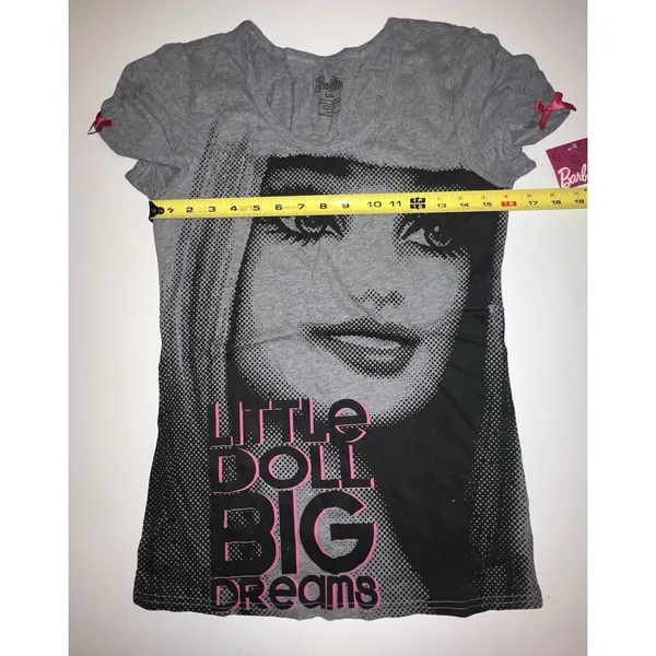 Barbie Mattel Little Doll Big Dreams Tee‎ Shirt Gray Large Juniors Slim NWT - Image 12