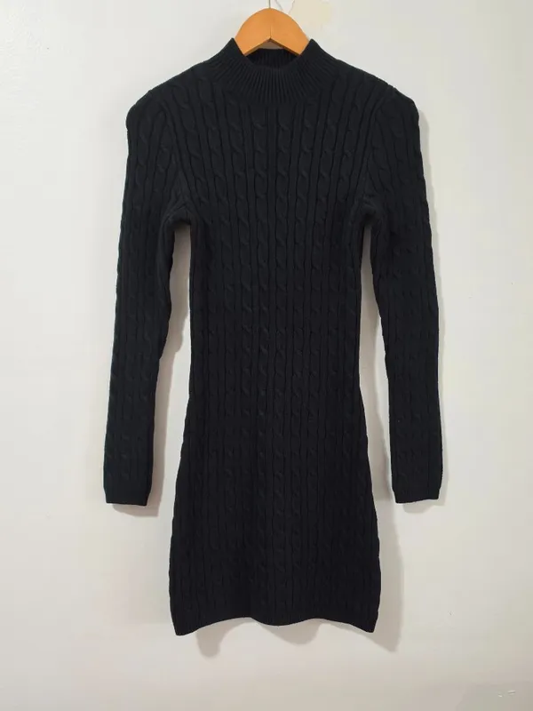 Hollister Cable Knit Long Sleeve Sweater Mini Dress - Black - Women's Size M - Image 3