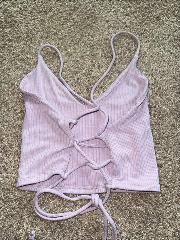 Garage - Ribbed Tie Back Cami Crop Top - M, Lavender - Image 2