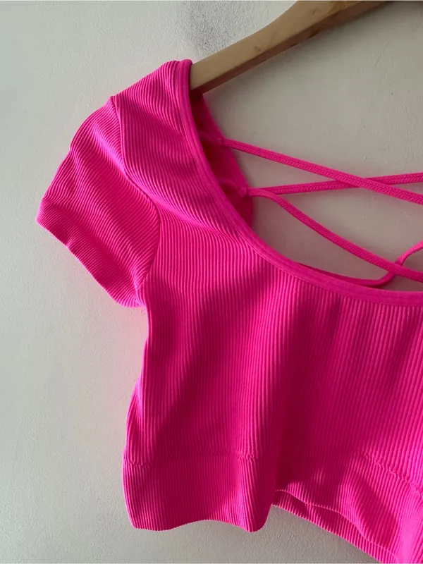Aerie Real Good Hot Pink Ribbed Criss Cross Strappy Back Crop‎ Top - Image 3